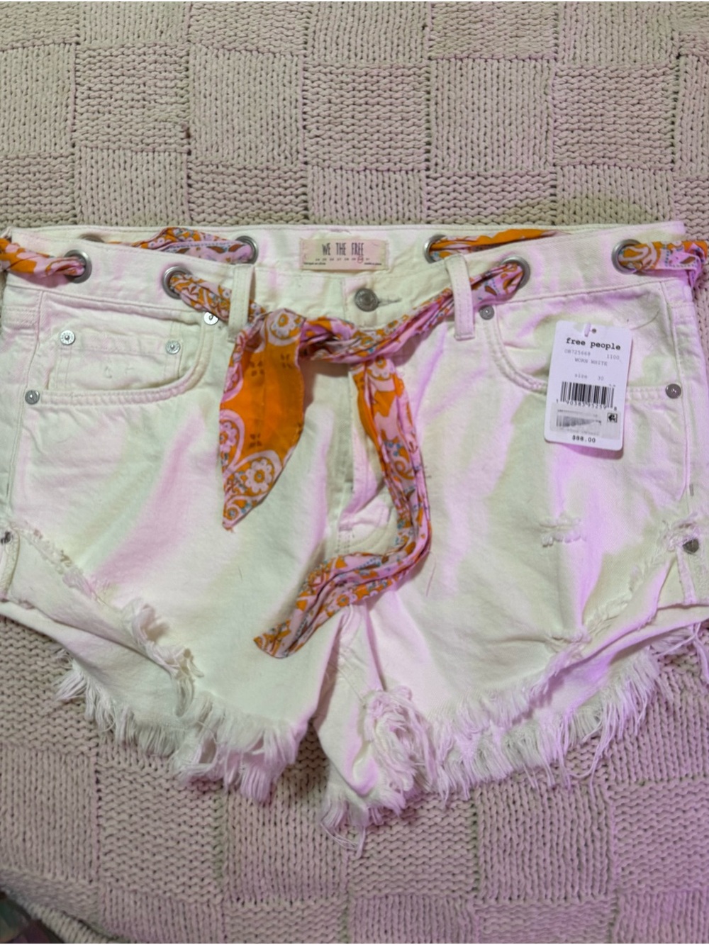 Free People Off White Distressed Denim Shorts with Orange Paisley Scarf Belt